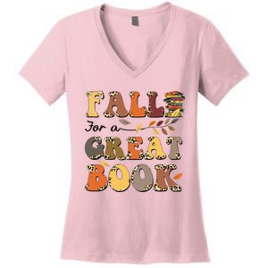 Fall For A Great Book Retro Leopard Autumn Thanksgiving Women's V-Neck T-Shirt