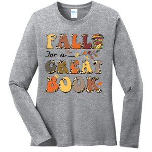 Fall For A Great Book Retro Leopard Autumn Thanksgiving Ladies Long Sleeve Shirt