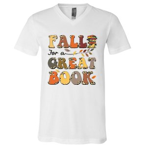 Fall For A Great Book Retro Leopard Autumn Thanksgiving V-Neck T-Shirt