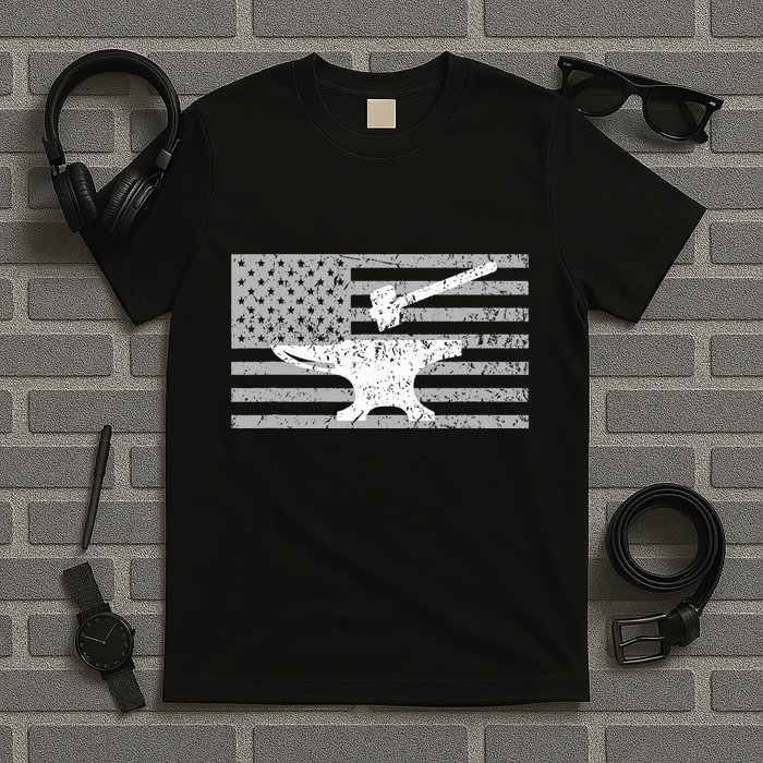 Forging  Forge  American Flag Blacksmith Anvil T-Shirt