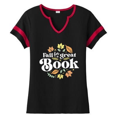 Fall For A Great Book Reading Librarian Autumn Teacher Ladies Halftime Notch Neck Tee