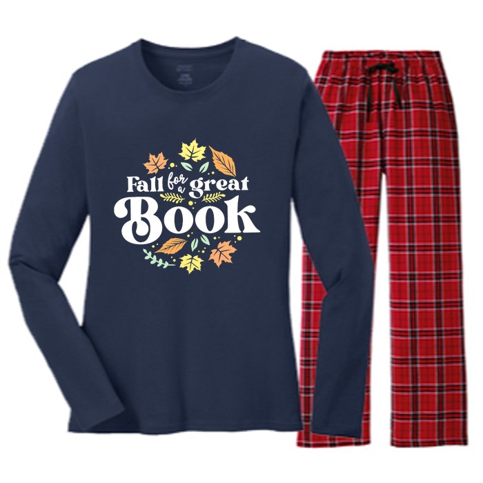 Fall For A Great Book Reading Librarian Autumn Teacher Women's Long Sleeve Flannel Pajama Set 