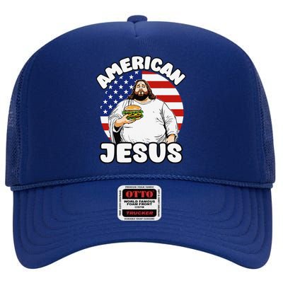 Funny Fat American Jesus Hamburger Sarcastic 4th Of July High Crown Mesh Back Trucker Hat