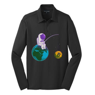 Funny Fishing Bitcoin Space Astronaut Silk Touch Performance Long Sleeve Polo