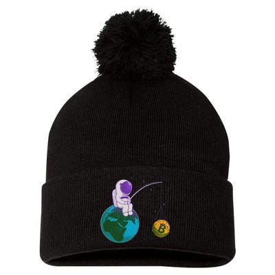 Funny Fishing Bitcoin Space Astronaut Pom Pom 12in Knit Beanie