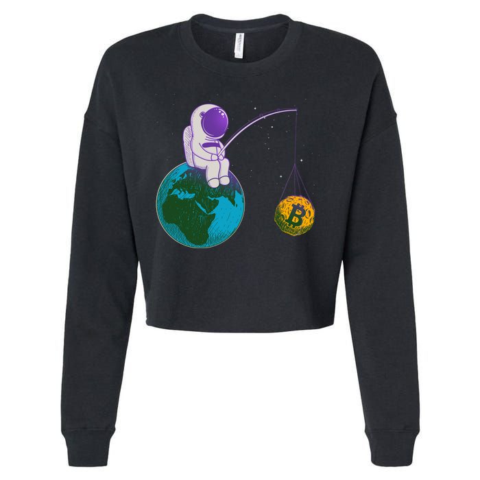 Funny Fishing Bitcoin Space Astronaut Cropped Pullover Crew