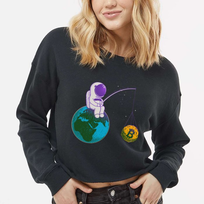 Funny Fishing Bitcoin Space Astronaut Cropped Pullover Crew