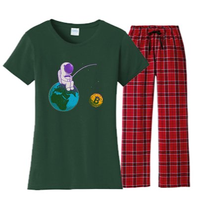 Funny Fishing Bitcoin Space Astronaut Women's Flannel Pajama Set