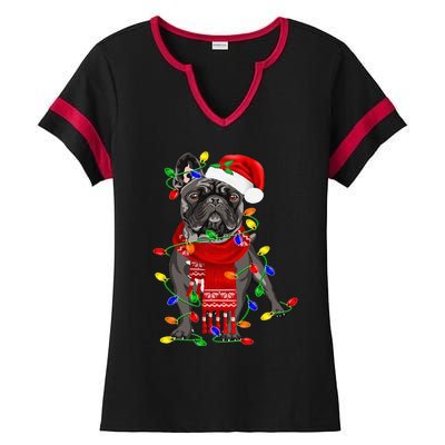 Funny French Bulldog Dog Tree Christmas Lights Xmas Pajama Ladies Halftime Notch Neck Tee