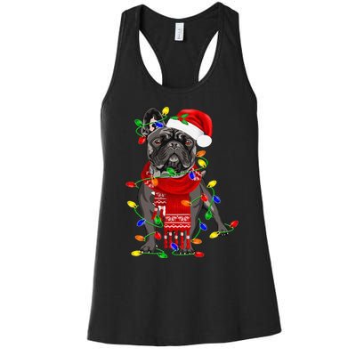 Funny French Bulldog Dog Tree Christmas Lights Xmas Pajama Women's Racerback Tank