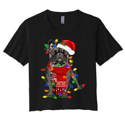 Funny French Bulldog Dog Tree Christmas Lights Xmas Pajama Women's Crop Top Tee