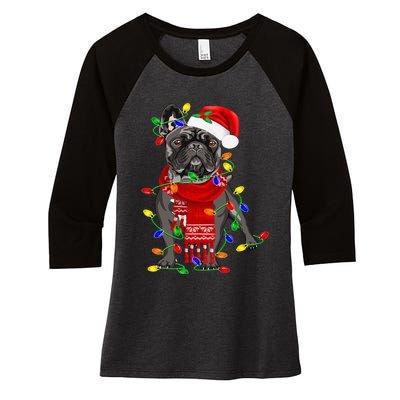 Funny French Bulldog Dog Tree Christmas Lights Xmas Pajama Women's Tri-Blend 3/4-Sleeve Raglan Shirt