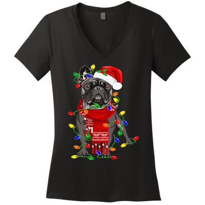 Funny French Bulldog Dog Tree Christmas Lights Xmas Pajama Women's V-Neck T-Shirt