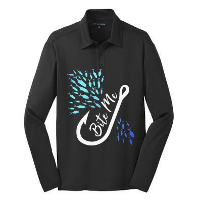 Fishing Fisherman Bite Me Funny Gift Fish Design Idea Design Silk Touch Performance Long Sleeve Polo