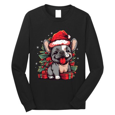 Festive French Bulldog Santa Pup & Christmas Lights Long Sleeve Shirt