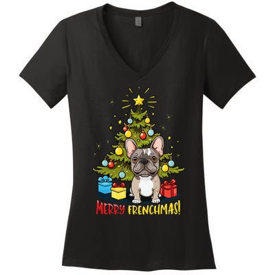 Funny French Bulldog With Christmas Tree Women's V-Neck T-Shirt