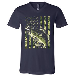 Fishing For Bass Fish Fisherman Fishing Camouflage V-Neck T-Shirt