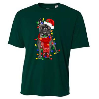 Funny French Bulldog Dog Tree Christmas Lights Xmas Pajama Cooling Performance Crew T-Shirt