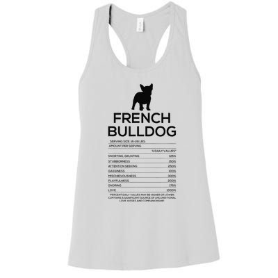 Funny French Bulldog Nutrition Facts Humor Frenchie Lover Women's Racerback Tank