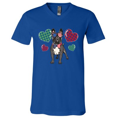 Funny French Bulldog Lovers Red Plaid Heart Valentines Day Funny Gift V-Neck T-Shirt