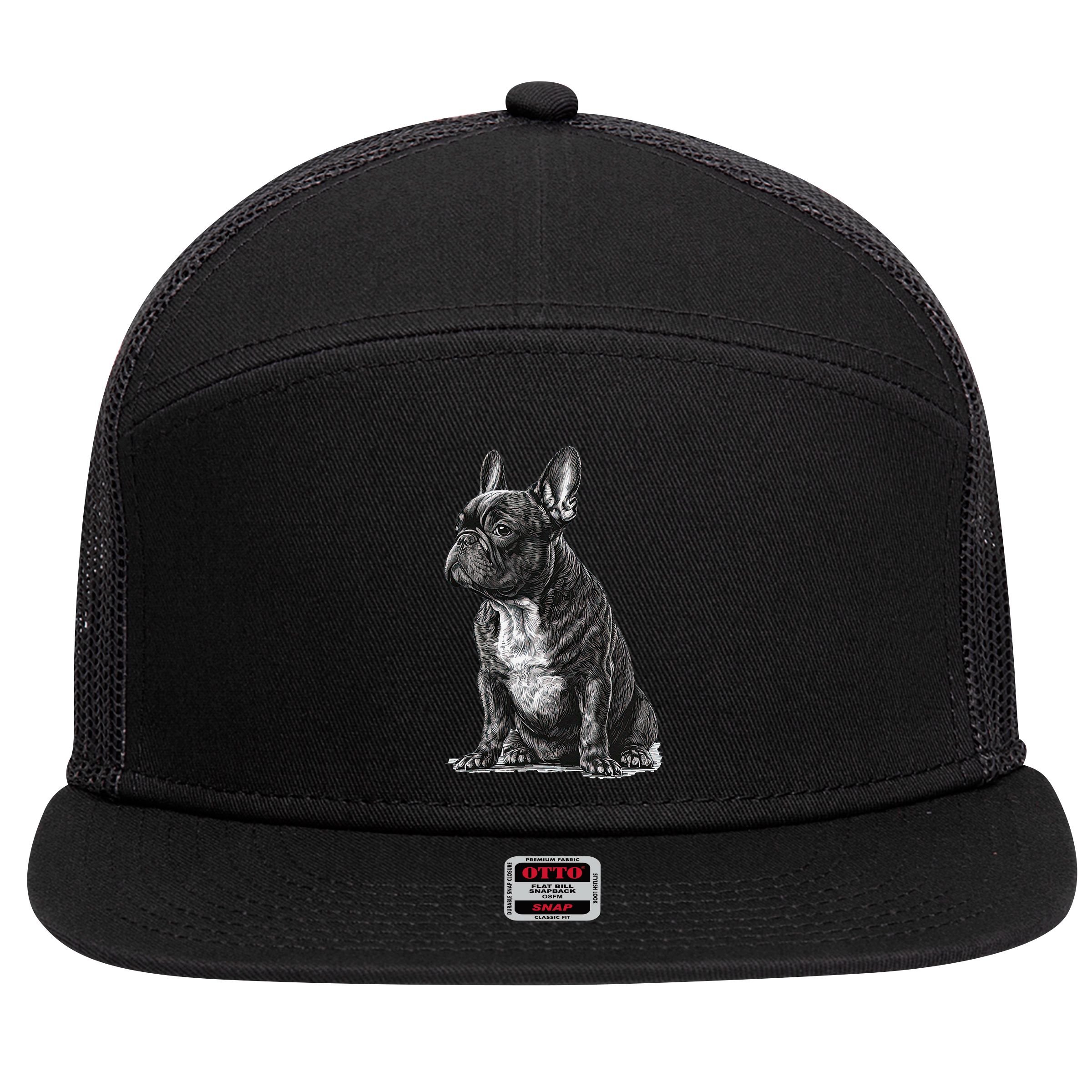 Funny French Bulldog Frenchie Black And White 7 Panel Mesh Trucker Snapback Hat