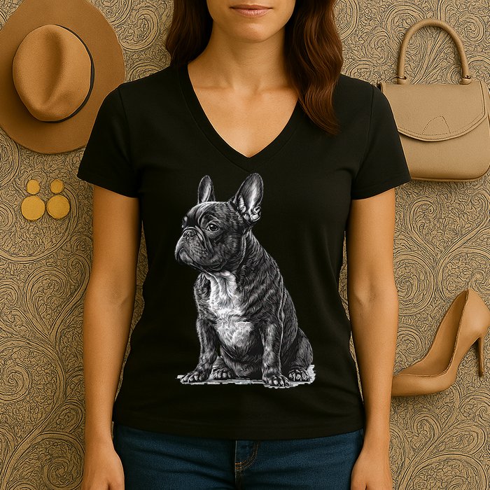 Funny French Bulldog Frenchie Black And White Women's V-Neck T-Shirt