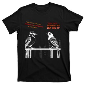 FUNNY FAKE BIRDS ON A WIRE DESIGN LINE ART COMICAL T-Shirt