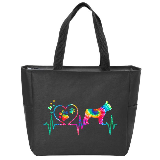 Frenchie French Bulldog Mom Dad Heartbeat Tie Dye Dog Gift Zip Tote Bag