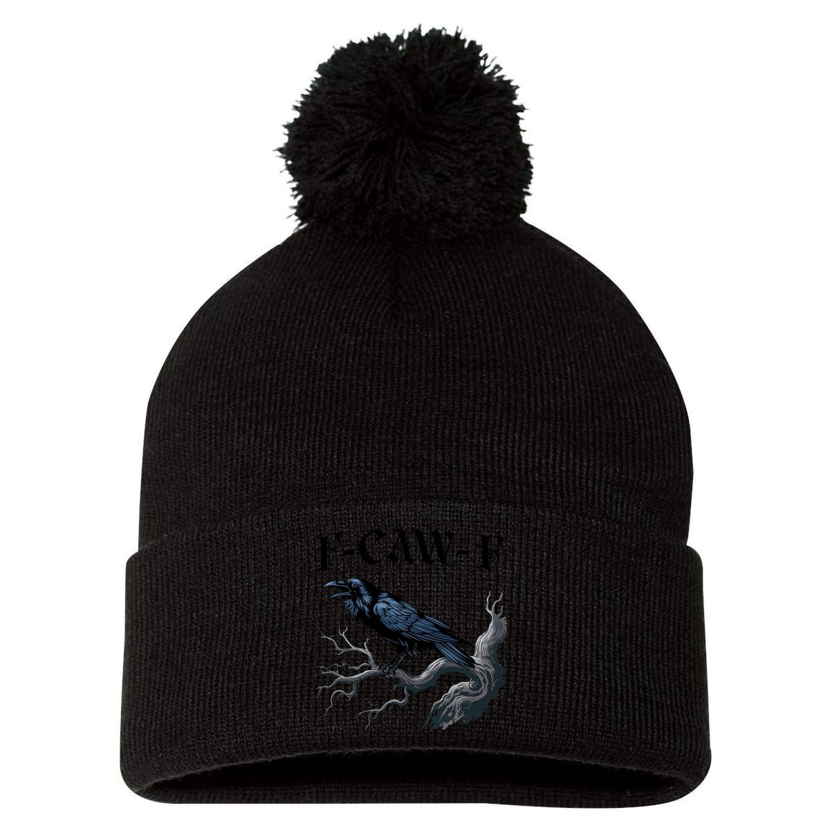 F-Caw-F Funny Black Bird Black Crow Pom Pom 12in Knit Beanie