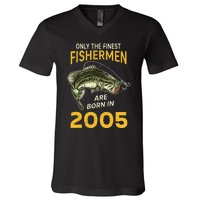 Finest Fisherman Born In 2005 Vintage Funny Fishing Birthday V-Neck T-Shirt