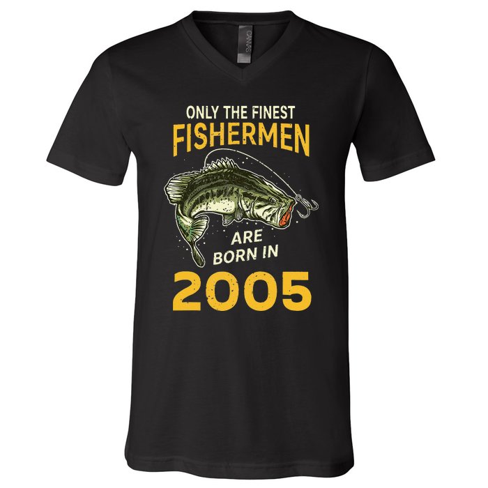 Finest Fisherman Born In 2005 Vintage Funny Fishing Birthday V-Neck T-Shirt