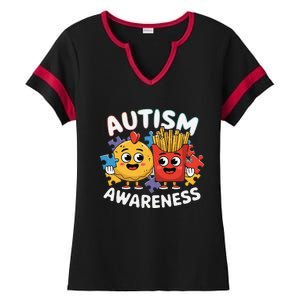 Funny Food Chicken Nugget And French Fries Autism Awarenes Ladies Halftime Notch Neck Tee