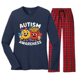 Funny Food Chicken Nugget And French Fries Autism Awarenes Women's Long Sleeve Flannel Pajama Set 