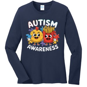 Funny Food Chicken Nugget And French Fries Autism Awarenes Ladies Long Sleeve Shirt