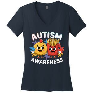 Funny Food Chicken Nugget And French Fries Autism Awarenes Women's V-Neck T-Shirt