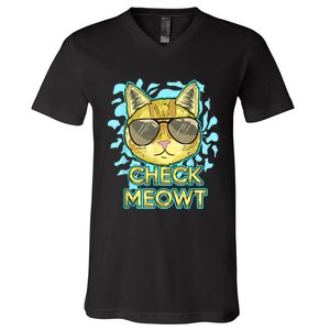 Funny Flirty Cat Pun Humor Cool Kitten Love Check Meowt V-Neck T-Shirt