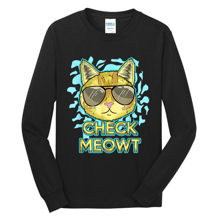 Funny Flirty Cat Pun Humor Cool Kitten Love Check Meowt Tall Long Sleeve T-Shirt