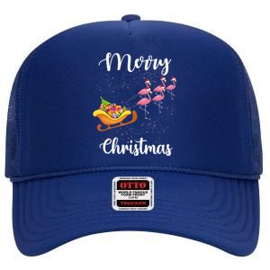 Funny Flamingo Christmas Pink Flamingos Sleigh Snow Santa Meaningful Gift High Crown Mesh Back Trucker Hat