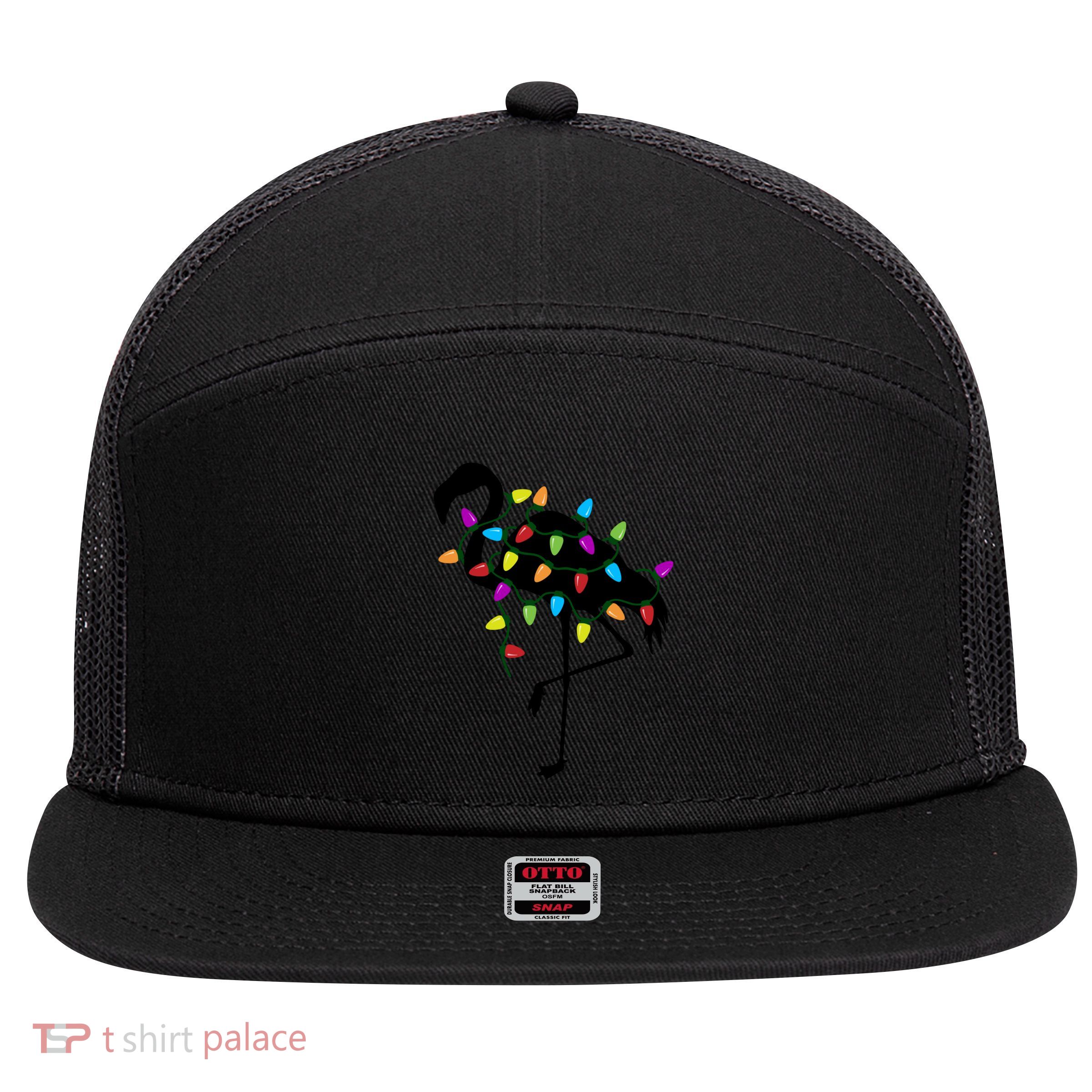 Funny Flamingo Christmas Holiday Tree Lights 7 Panel Mesh Trucker Snapback Hat