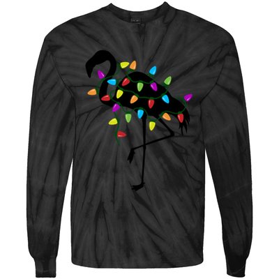 Funny Flamingo Christmas Holiday Tree Lights Tie-Dye Long Sleeve Shirt