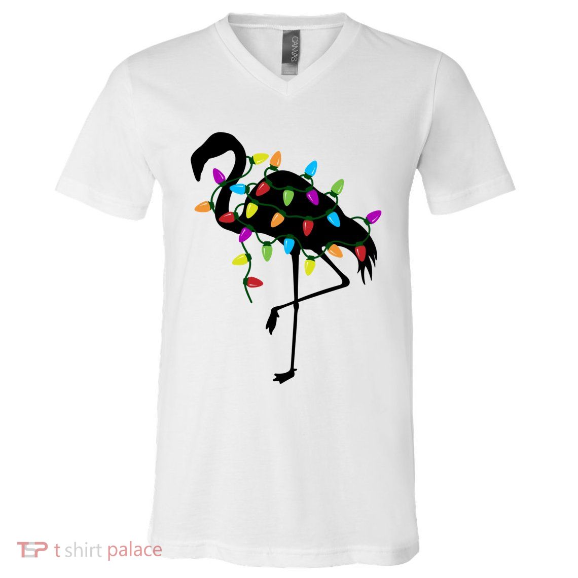 Funny Flamingo Christmas Holiday Tree Lights V-Neck T-Shirt