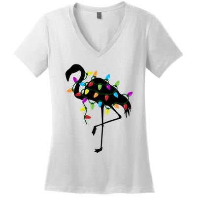 Funny Flamingo Christmas Holiday Tree Lights Women's V-Neck T-Shirt