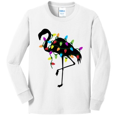 Funny Flamingo Christmas Holiday Tree Lights Kids Long Sleeve Shirt