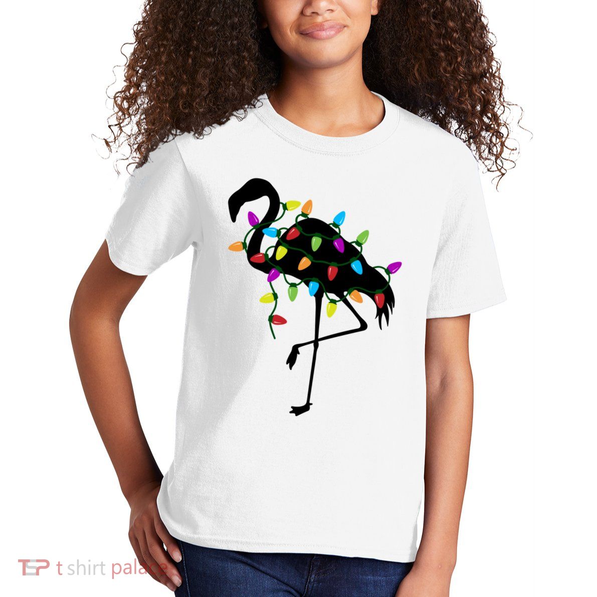 Funny Flamingo Christmas Holiday Tree Lights Kids T-Shirt