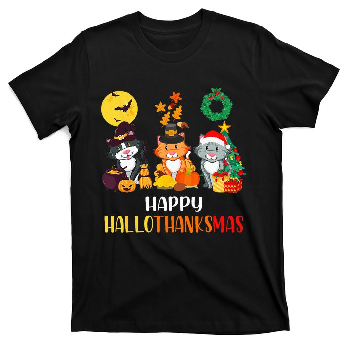 Festive Feline Celebration Cat Lover's Hallothanksmas T-Shirt