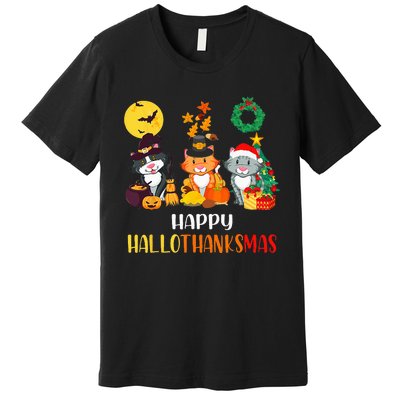 Festive Feline Celebration Cat Lover's Hallothanksmas Premium T-Shirt