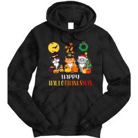 Festive Feline Celebration Cat Lover's Hallothanksmas Tie Dye Hoodie