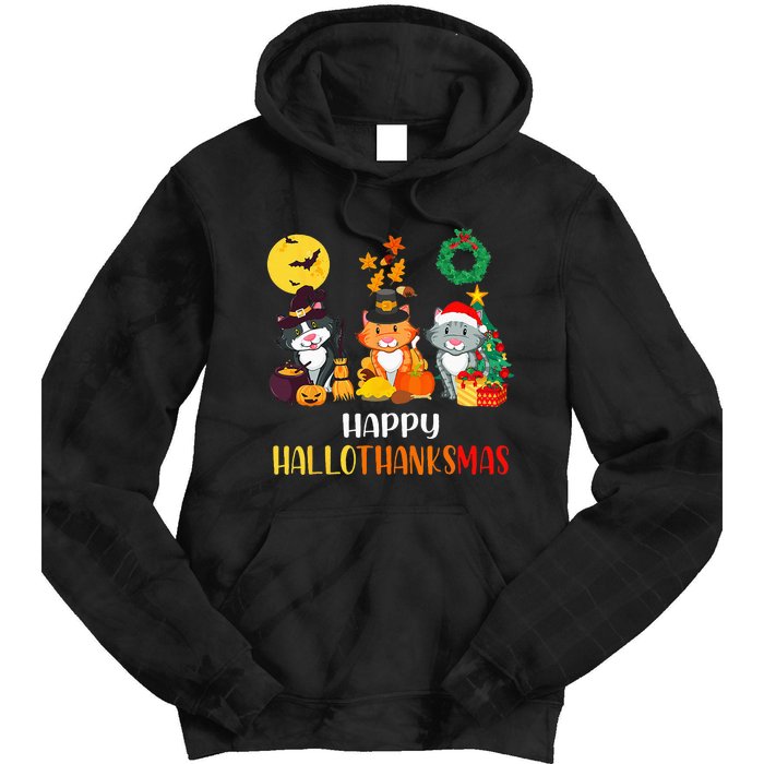 Festive Feline Celebration Cat Lover's Hallothanksmas Tie Dye Hoodie