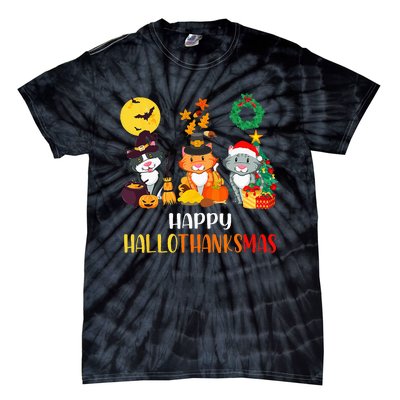 Festive Feline Celebration Cat Lover's Hallothanksmas Tie-Dye T-Shirt