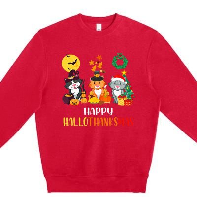 Festive Feline Celebration Cat Lover's Hallothanksmas Premium Crewneck Sweatshirt